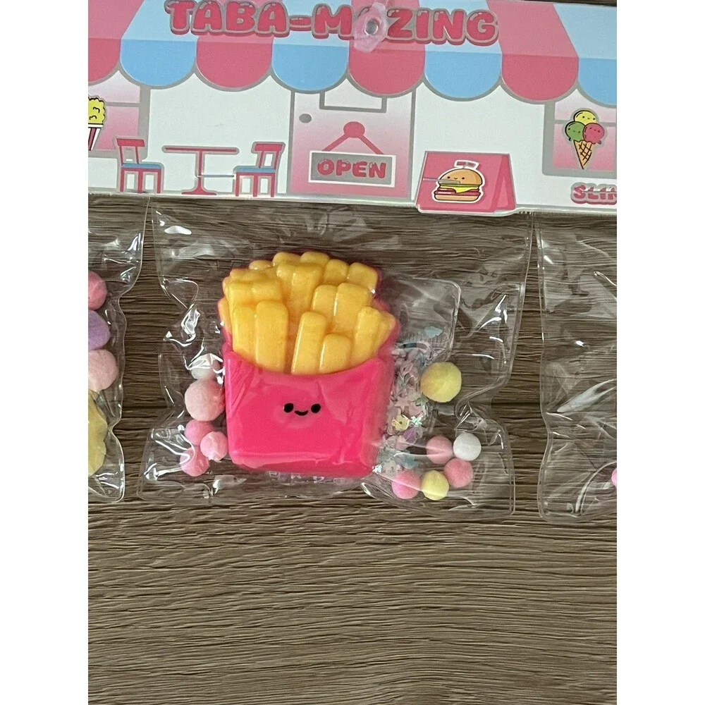 Taba-Mazing 3 Piece Slimey Squishy Toys; Croissant, Hamburger & French Fries New